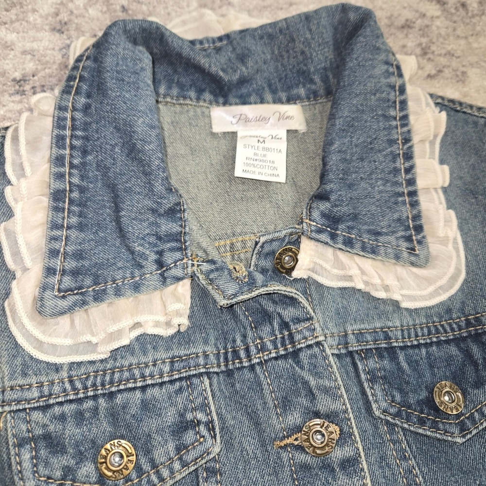 Paisley Vine Denim Vest Lace Trim Coquette Button Front Boho Womens M Western - Picture 5 of 12